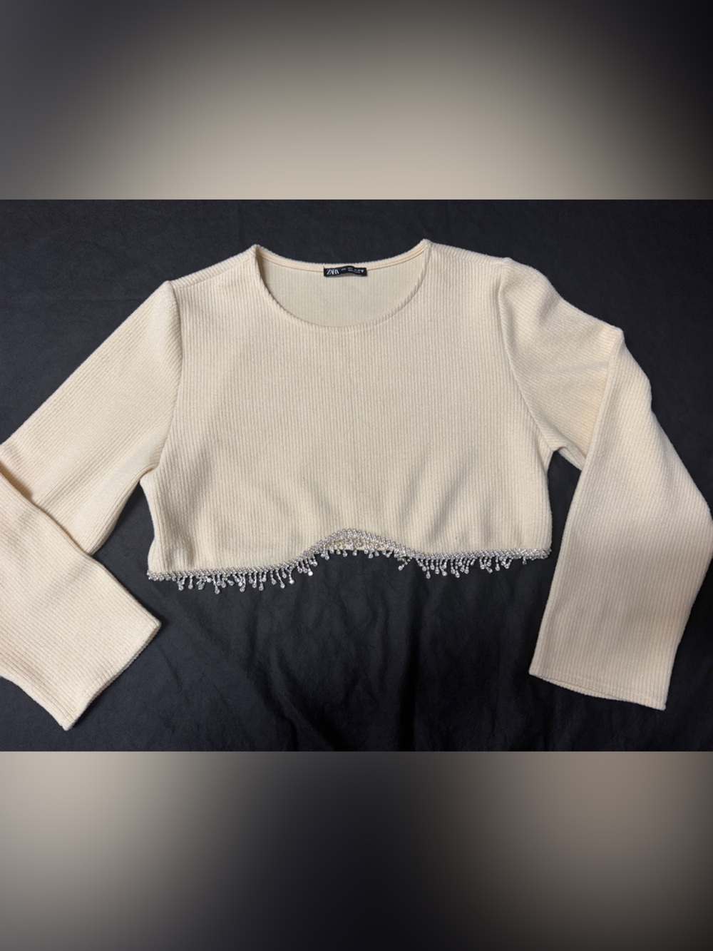 Zara Cream Ribbed Beaded-Hem Crop Top